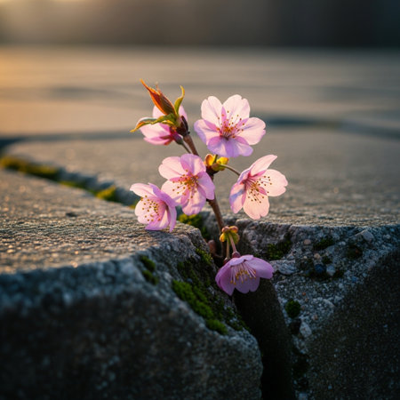 cherry blossom on concrete wall at sunset. soft focus.の素材