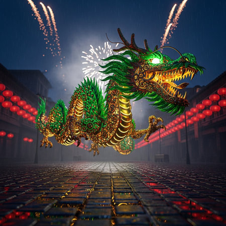 Dragon with firework in the city at night. 3D renderingの素材