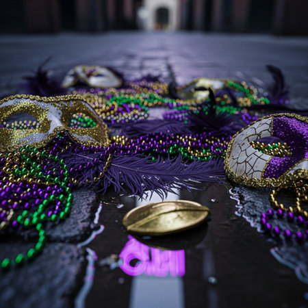 Traditional Venetian Carnival Mardi Gras mask and beads.の素材