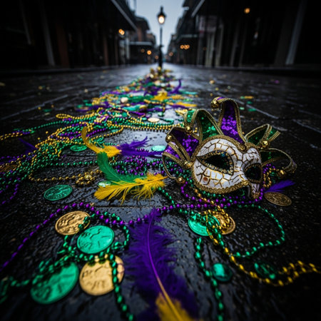 Traditional carnival mask on the cobblestone street in Amsterdam, Netherlandsの素材