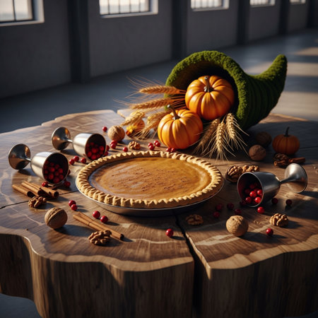 Autumn still life with pumpkin pie, nuts and berries on wooden tableの素材