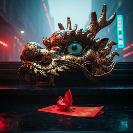 Chinese New Year dragon statue with red envelopes and lanterns.の素材