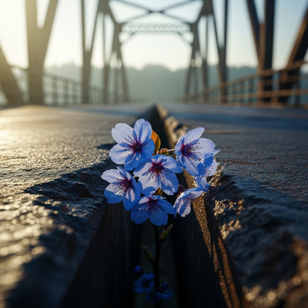 Blue sakura flowers on the bridge in the morning. Selective focus.の素材