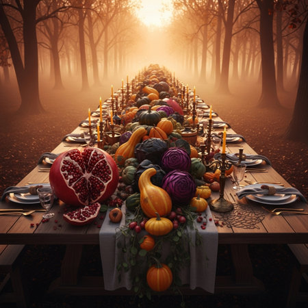 Autumn table setting with pumpkins and other vegetables in the forestの素材