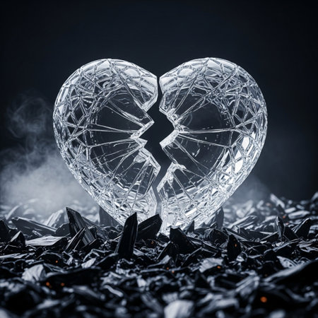 Broken glass heart on dark background. Love concept. 3D Renderingの素材
