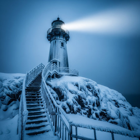 Lighthouse on a snowy hill in the winter. Toned.の素材