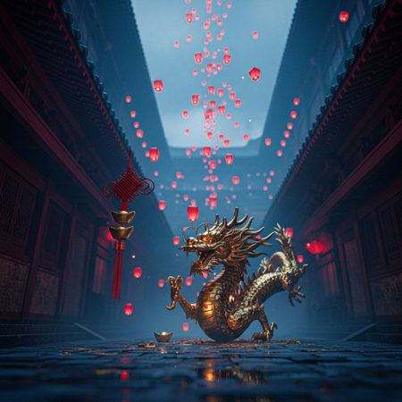 Dragon and chinese lanterns in the Chinese temple. 3D rendering.の素材