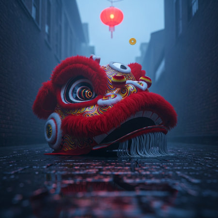 Chinese lion dance in the street, 3d rendering. Computer digital drawing.の素材