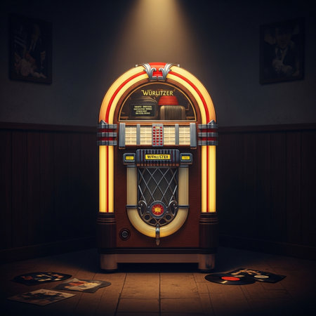 Vintage slot machine in dark room. 3D illustration. Retro style.の素材