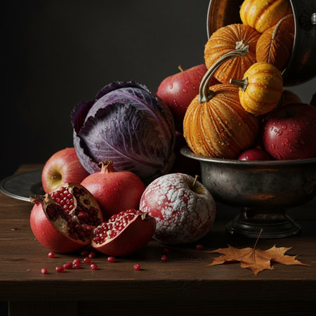 Autumn still life with pumpkins, apples and pomegranate on wooden tableの素材