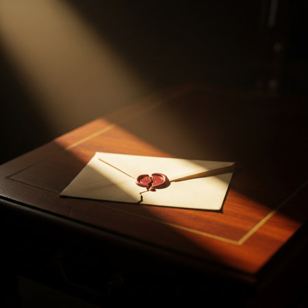 Envelope with a red wax seal on a wooden table.の素材