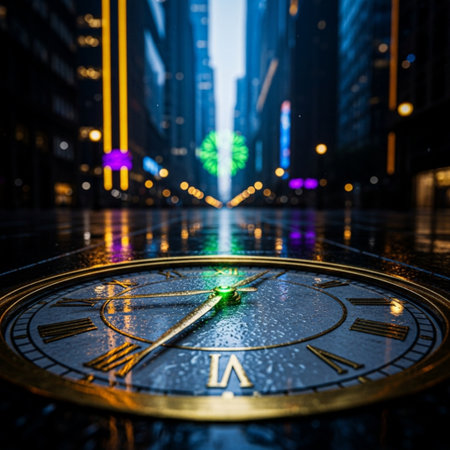 3d rendering of a clock on a city street at night with lights in the backgroundの素材