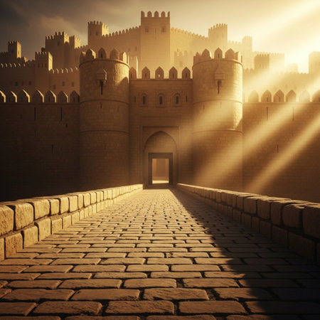 Fantasy medieval city gate with sunbeams, 3d renderの素材