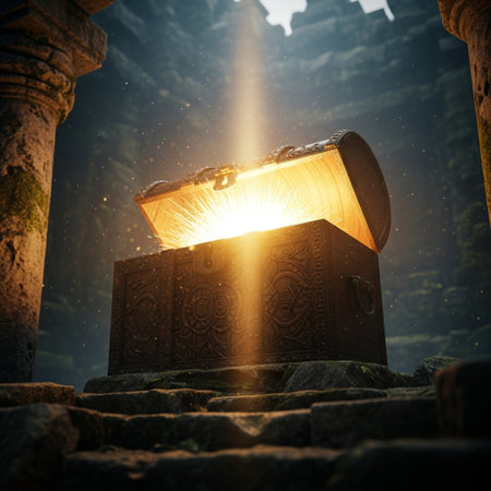Old treasure chest with light rays coming from above. Halloween concept.の素材