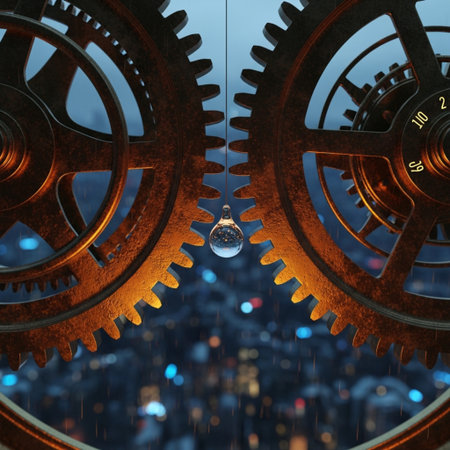 3d illustration of a gear mechanism with a glass ball and cityscapeの素材