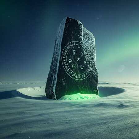3d rendering of a stone in the snow with a green lightの素材