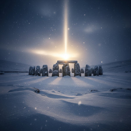 Stonehenge in the snow at sunset, Iceland, Europe.の素材