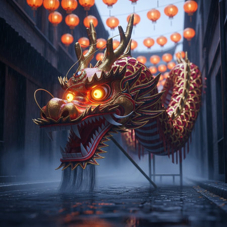 Chinese dragon with lanterns on the streets of the old city.の素材