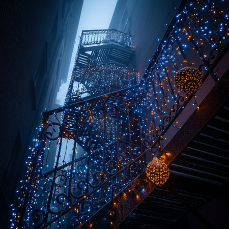 Stairs with Christmas lights in Manhattan.の素材