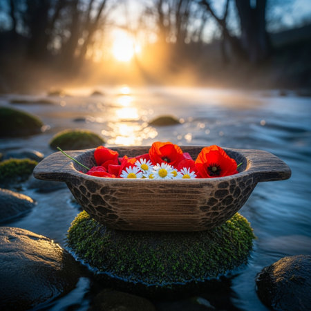 Bowl with red poppies and daisies on the rocks at sunsetの素材