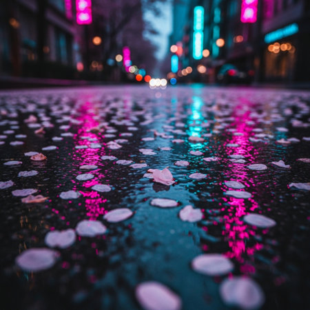 Beautiful cherry blossom petals falling on wet asphalt at nightの素材