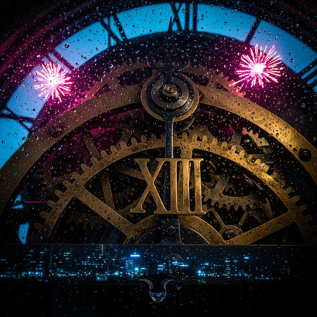 Vintage clock face with night city view and bokeh lightsの素材