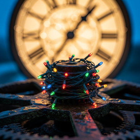 Christmas and New Year concept. Old clock with christmas lights on the background.の素材