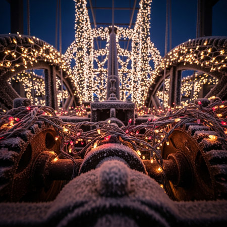 Christmas decorations in the shape of a ship with a garland at nightの素材