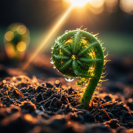 Young sprout of a fern with dew drops in the morning sunの素材