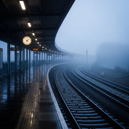 Train station in a foggy morning with a clock on the platformの素材