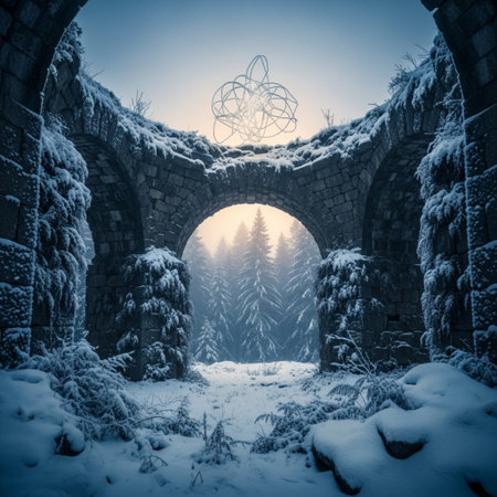 Mysterious winter landscape with old stone bridge and fantasy plant.の素材