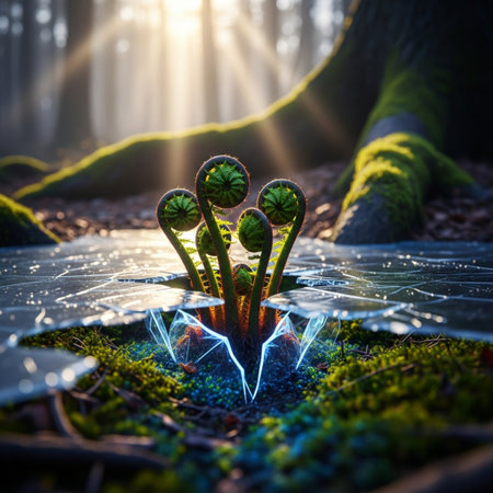 Fern sprouts in the forest at sunset. New life concept.の素材