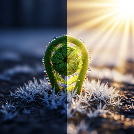 Fern sprout with water drops on the background of the sunの素材