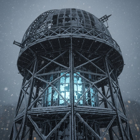 Observatory tower at night in the snowfall. Toned.の素材