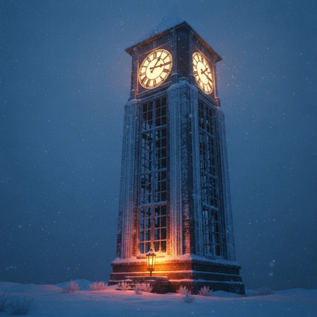 3D rendering of a big clock tower in the snow at nightの素材