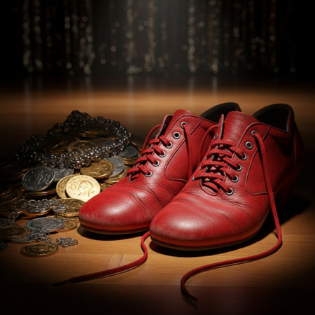 Pair of red leather shoes with coins on wooden floor. Selective focus.の素材