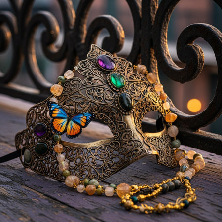 Colorful Venetian mask with butterfly and beads on the streetの素材