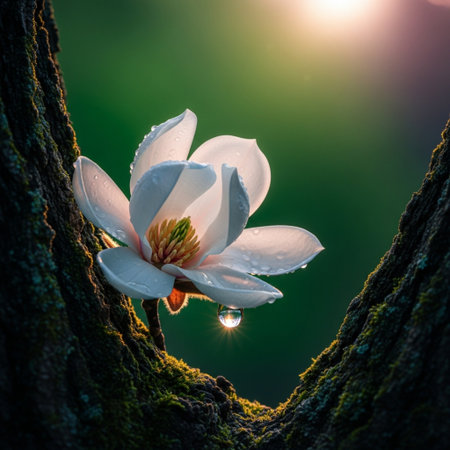 Beautiful white magnolia flower with drops of water on the treeの素材