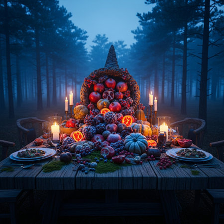 Halloween holiday table with pumpkins, fruits and candles in the forestの素材