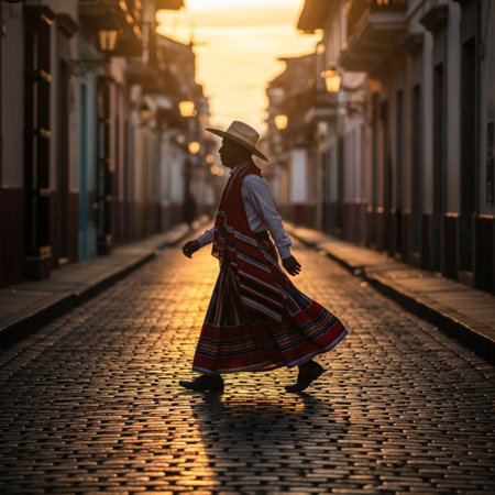 Old woman walking on the street of the old town in the eveningの素材