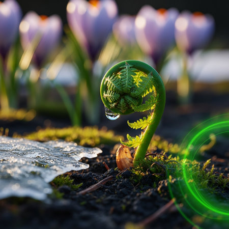 Water drop on a green fern with crocus in the backgroundの素材