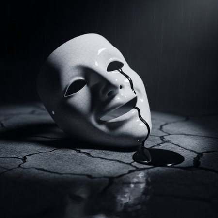 Theatre performance concept with the white mask on cracked ground and dark backgroundの素材