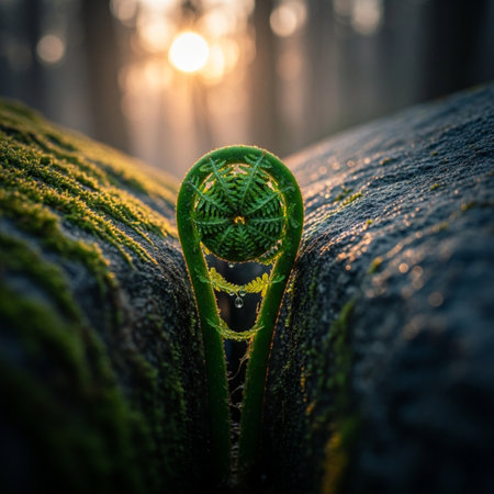 Fern leaf in the forest at sunrise. Beautiful nature background.の素材
