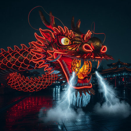 Chinese dragon statue in the night,3d rendering. Computer digital drawing.の素材