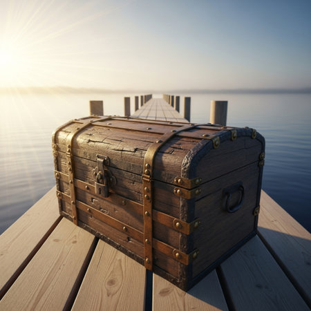 Wooden chest on a pier at sunrise. 3d render.の素材