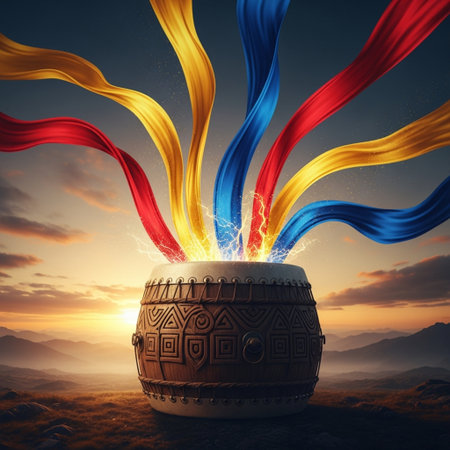 Ethnic drum with colorful ribbons against the backdrop of a mountain landscapeの素材