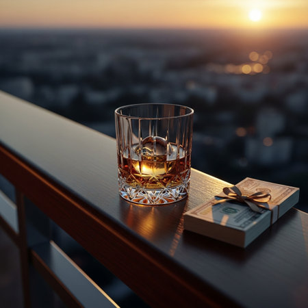 Glass of whiskey with ice cubes and gift box on the balcony at sunset.の素材