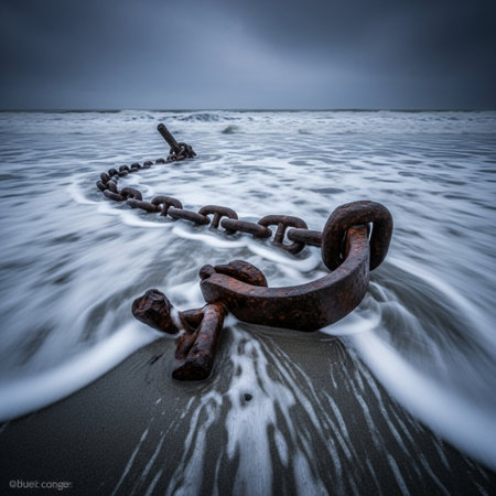 An old rusty anchor on the seashore in stormy weatherの素材