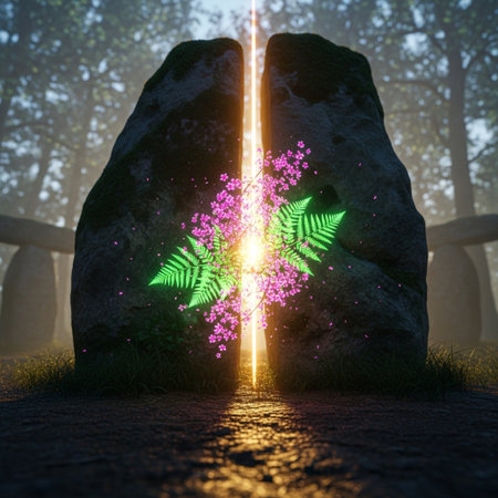 Digital composite of Light trail in the forest with flowers in the foregroundの素材