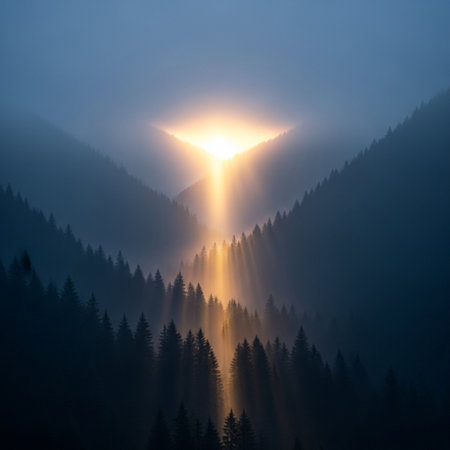 Sunset in the mountains. Landscape with sun rays and fogの素材